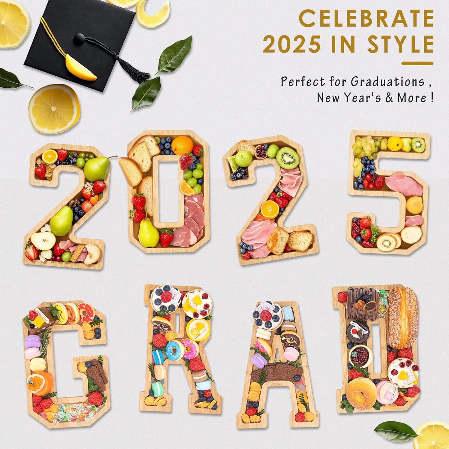 4PCS Wooden Graduation Decorations Number Charcuterie Board Box-(with 14 Balloons) 2025 Charcuterie Numbers Fillable Food Graduation Party Supplies