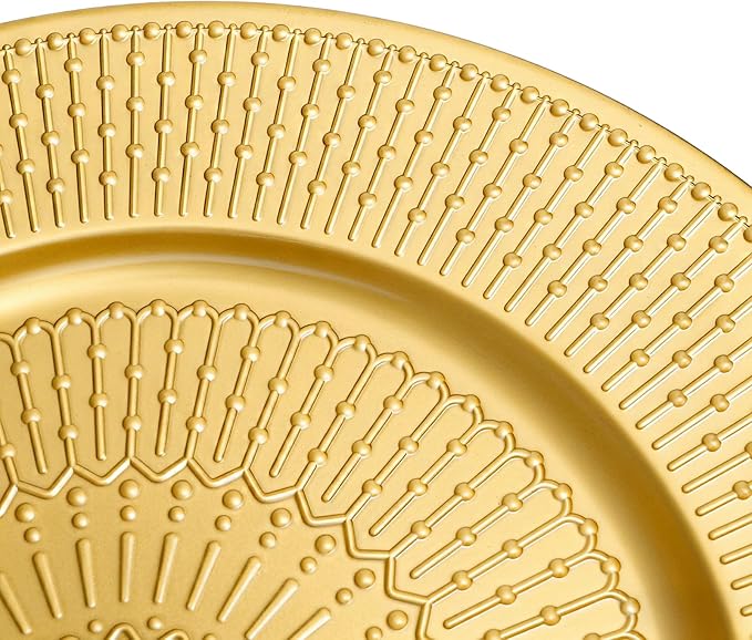 DEAYOU 12 Pack Gold Charger Plate, 13 Inch Beaded Chargers for Dinner Plates, Plastic Reusable Round Charger Platters for Wedding, Table Setting, Serving, Party, Decoration, Event, Holiday