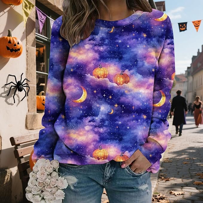 LIZALIG Pullover Cute Sweatshirt Orange Skeleton Fall Festive FunWomens Design Bat Holiday Party Outings Pumpkin Print