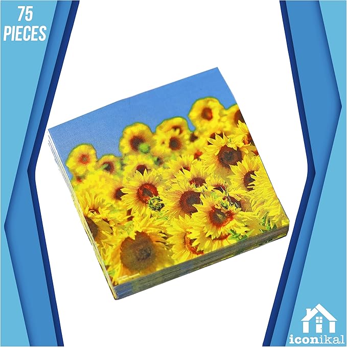 Iconikal 75-Count Disposable Paper Party Napkins Sunflower Fields 6.5x6.5-Inch 2-Ply 2-Sided Design Birthday Dinner Event Decor Bulk Pack