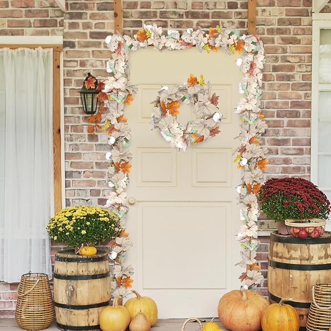 Fall Garland with Pumpkins and Berries – 6ft Artificial Maple Leaf Garland with Cream and Orange Leaves for Thanksgiving, Fireplace, Front Door, Farmhouse Autumn Decorations