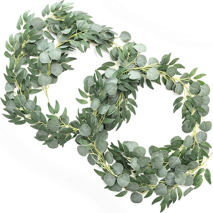 Ling's Moment Eucalyptus Garland for Table, 5.9ft Green Fake Eucalyptus Wreaths with Willow, 2pcs Real Touch Leaf Garland for Wedding Centerpieces Arch Rehearsal Dinner Bridal Shower