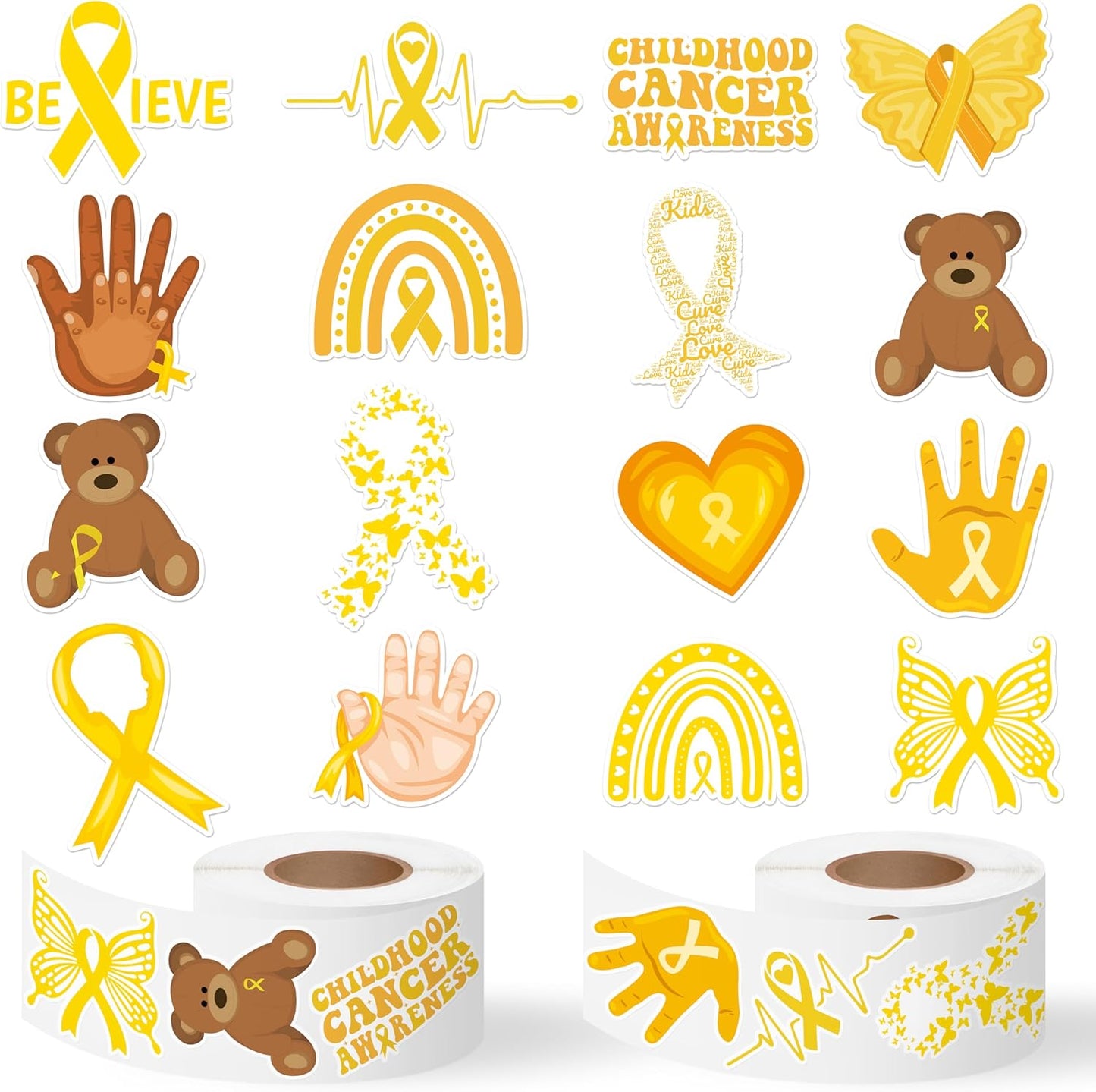 Childhood Cancer Awareness Sticker - 1000pcs Yellow Ribbon Waterproof Vinyl Reusable Laptop Stickers Roll Book Scrapbook Water Bottle Page Activity Pad Summer Birthday Party Favors Skateboard
