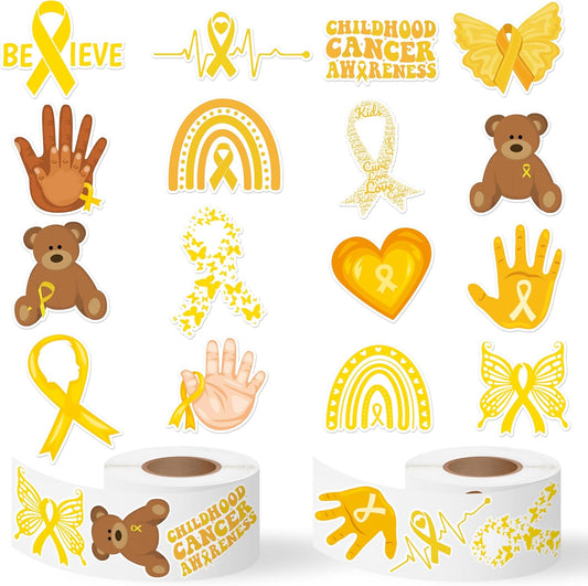 Childhood Cancer Awareness Sticker - 1000pcs Yellow Ribbon Waterproof Vinyl Reusable Laptop Stickers Roll Book Scrapbook Water Bottle Page Activity Pad Summer Birthday Party Favors Skateboard