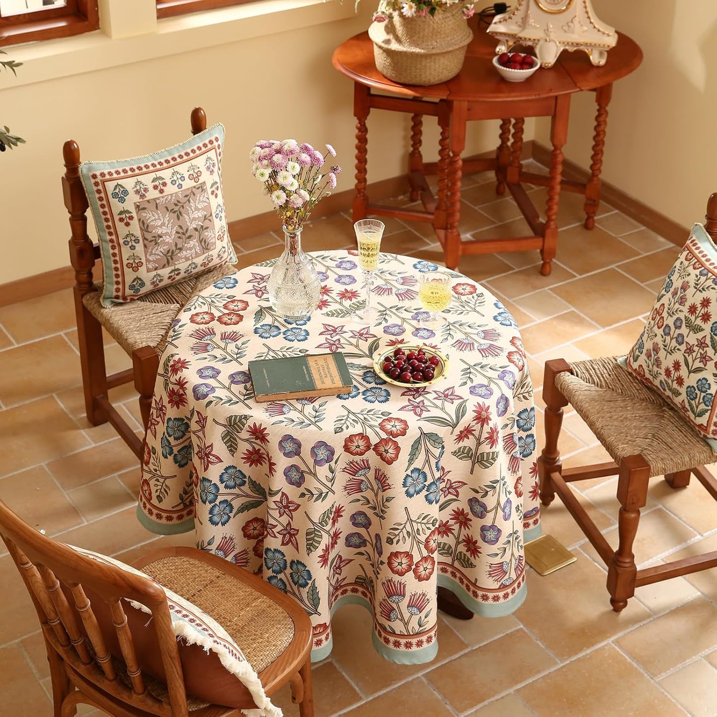 French Linen Small Round Tablecloth,Vintage Colorful Multiple Prints Soft and Durable Tablecloths,Decor Table Cover for Kitchen,Dining,Party,Thanksgiving,Christmas,Diameter 55"-Lohi