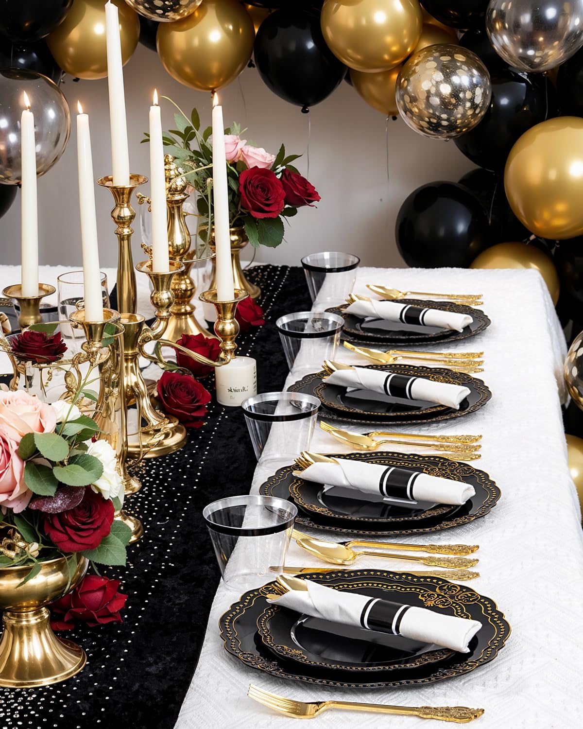 Ciaell 350 PCS Black Plastic Plates - Black and Gold Plates - Black Disposable Plates Include 50 Disposable Plate, 150 Heavy Duty Silverware, 50 Cups, 50 Napkins for Wedding & Party & New Year