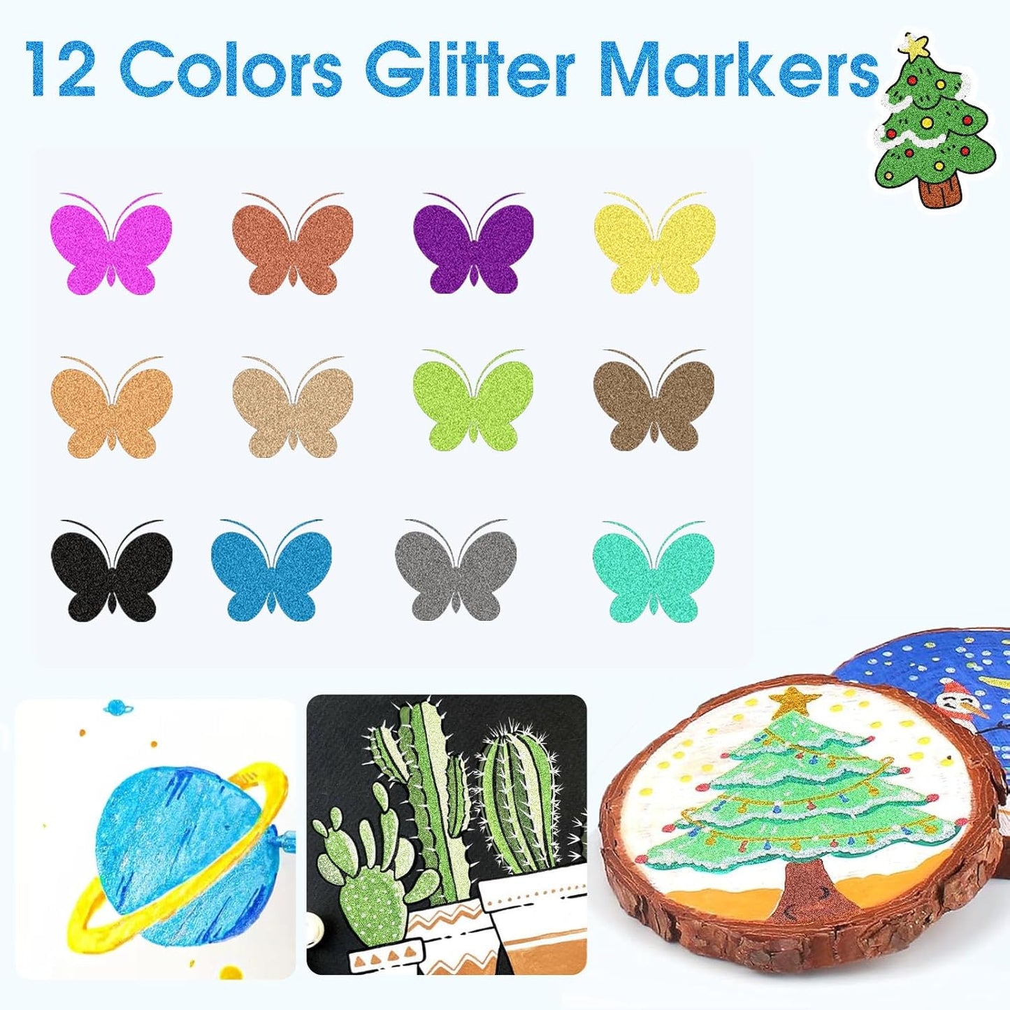 Glitter Marker Pens, 12 Colors Metallic Shimmer Glitter Markers Paint Pens, Glitter Art Marker for Kids Adults DIY Crafts Greeting Birthday Cards Making Poster Album Scrapbooking Wood