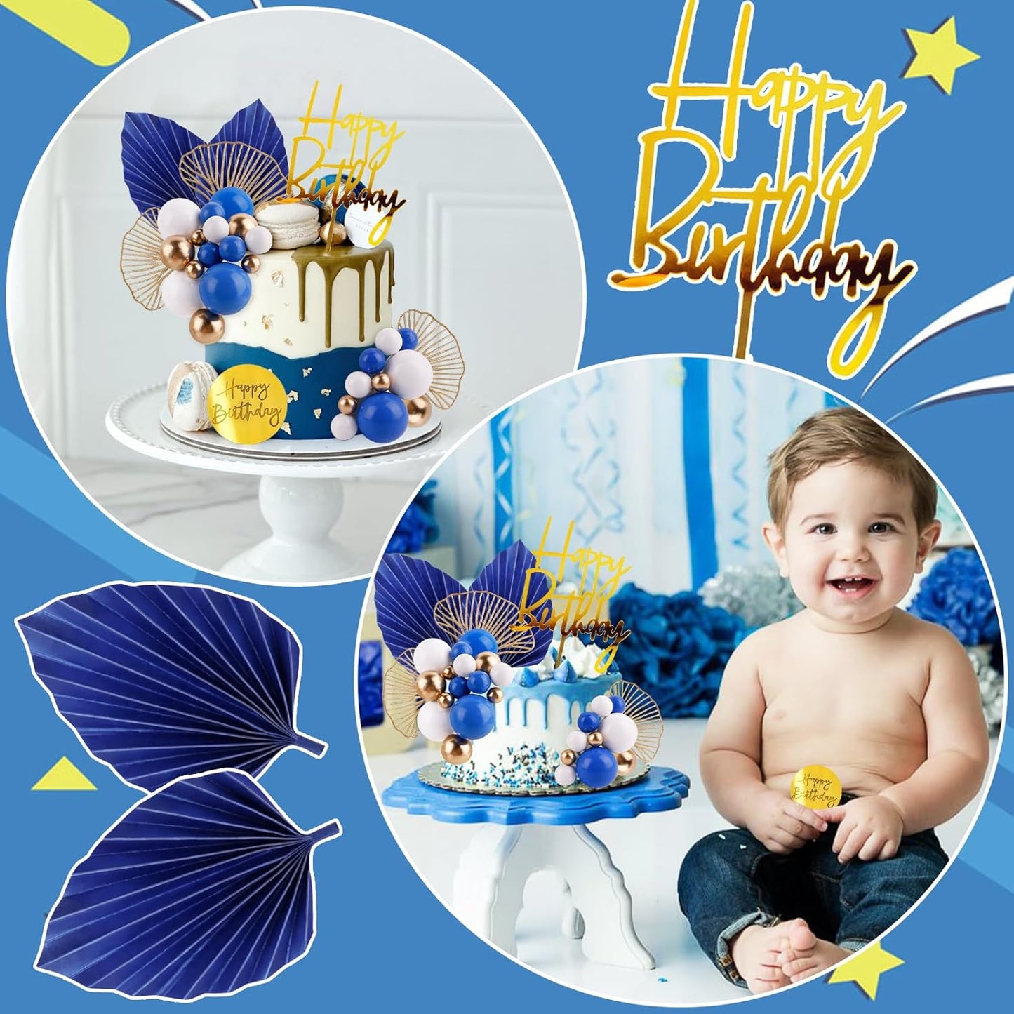 MEMOVAN Blue White Gold Ball Cake Toppers Balls Cupcake Toppers Foam Ball Shaped Cake Picks DIY Balloon Cake Insert Topper Ball Birthday Cake Decorations for Birth Boho Wedding Baby Shower Party