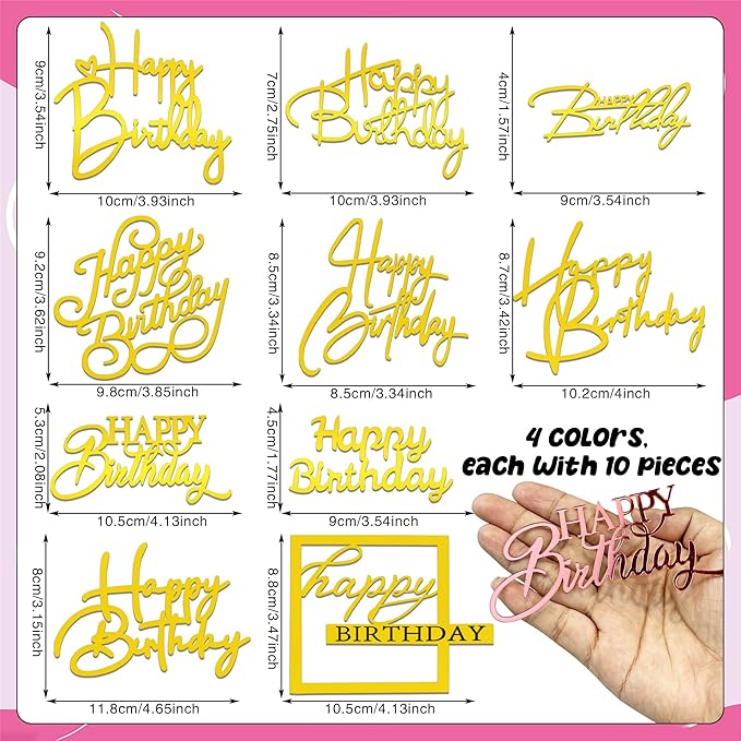 40 PCS Happy Birthday Cake Toppers Mirror Acrylic Toppers with 10 Styles 4 Colors for Birthday Party Cake Desserts Pastries