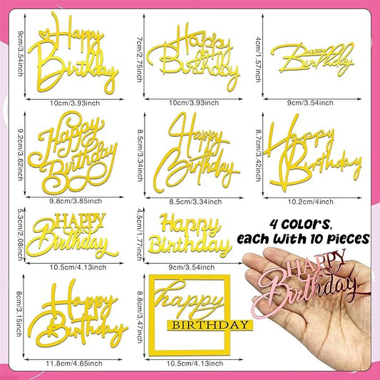40 PCS Happy Birthday Cake Toppers Mirror Acrylic Toppers with 10 Styles 4 Colors for Birthday Party Cake Desserts Pastries