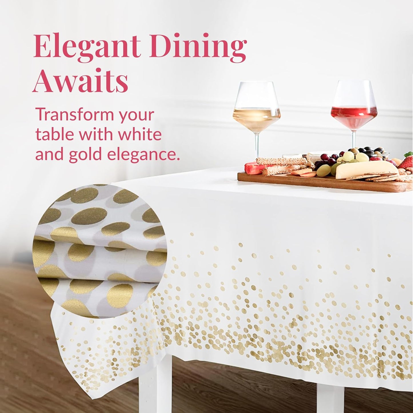 Prestee White and Gold Tablecloths, 4pk, 54x108 Inches - Party Table Cloths Disposable - Gold Dot Disposable Tablecloths - Plastic Table Cloth - Engagement Party Decorations, Baptism Decorations