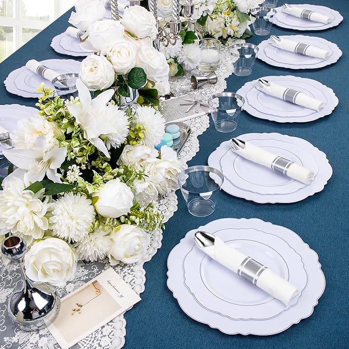 Liacere 175pcs Silver Plastic Plates - White and Silver Disposable - 25guest Baroque Plastic Dinnerware include 50Plates, 25Pack Pre Rolled Napkins with Silverware 25Cups for Wedding&Party&Easter Day