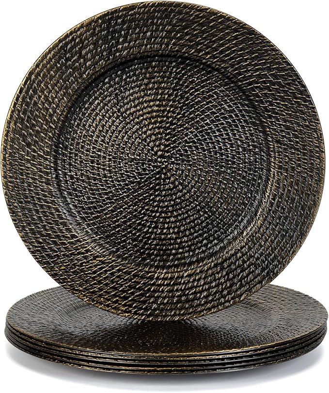 13" Black Round Charger Plates Set of 6, Plastic Rattan Chargers for Dinner Plate, Festival Tabletop Decor Table Setting Centerpiece Bulk Event, Party
