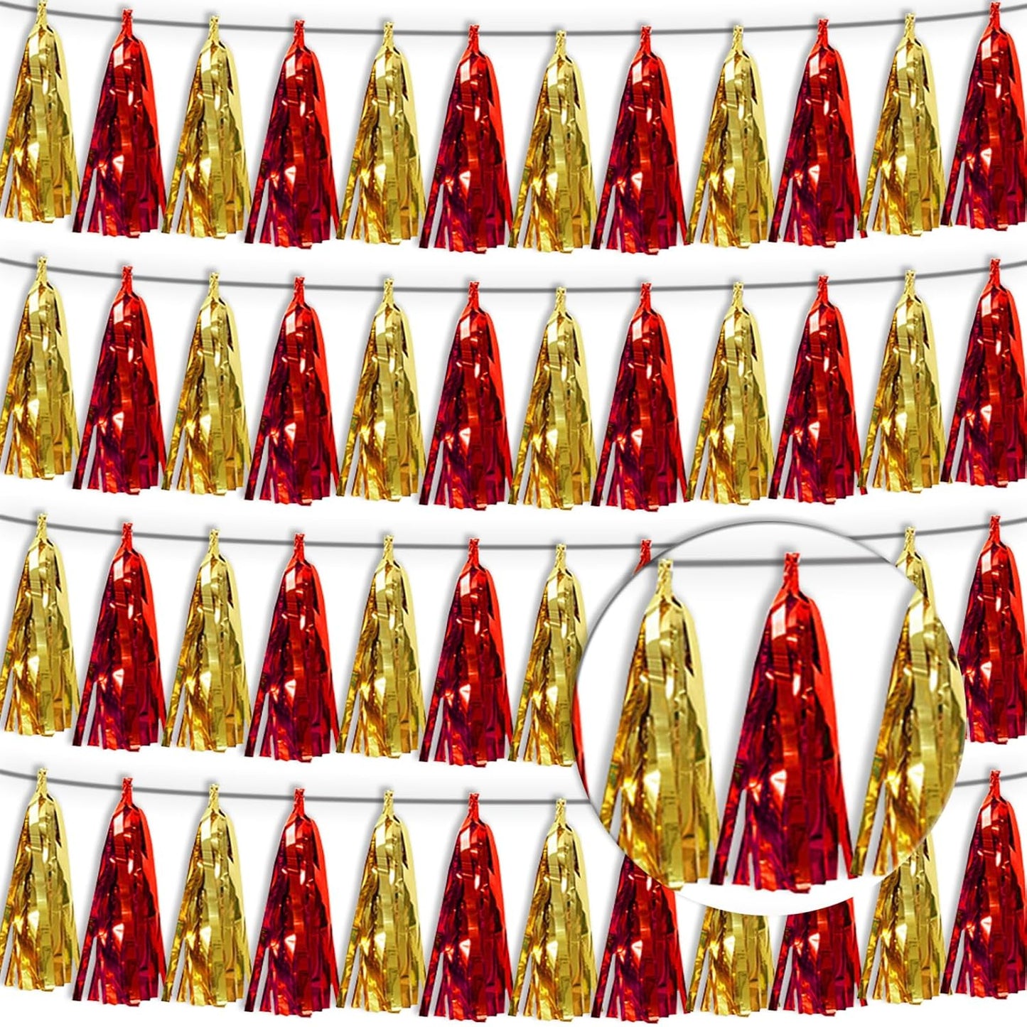 4P Red Gold Tassel Banner Garland Metallic Foil Fringe Banner Tinsel Tassels Streamer Banner Backdrop for Parade Floats Graduation Halloween, Christmas, Baby Bridal Shower Party Decorations