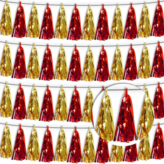 4P Red Gold Tassel Banner Garland Metallic Foil Fringe Banner Tinsel Tassels Streamer Banner Backdrop for Parade Floats Graduation Halloween, Christmas, Baby Bridal Shower Party Decorations
