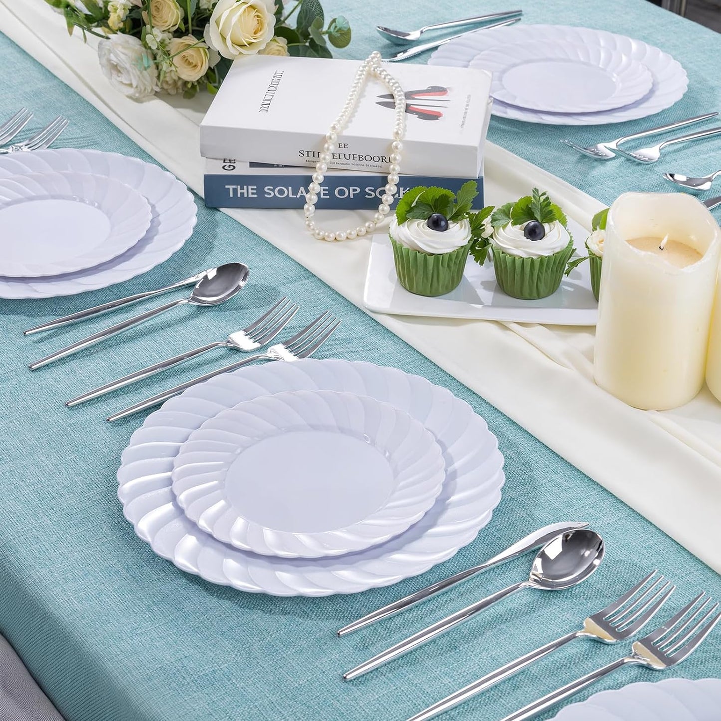 U-QE 60 Pcs White Plastic Plates for Party – Scalloped Plastic Plates Heavy Duty & Elegant – Include 30 10" Dinner & 30 7" Dessert Plate - Perfect for Weddings, Bridal Showers and Parties