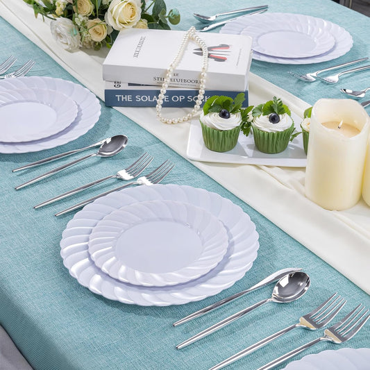 U-QE 60 Pcs White Plastic Plates for Party – Scalloped Plastic Plates Heavy Duty & Elegant – Include 30 10" Dinner & 30 7" Dessert Plate - Perfect for Weddings, Bridal Showers and Parties
