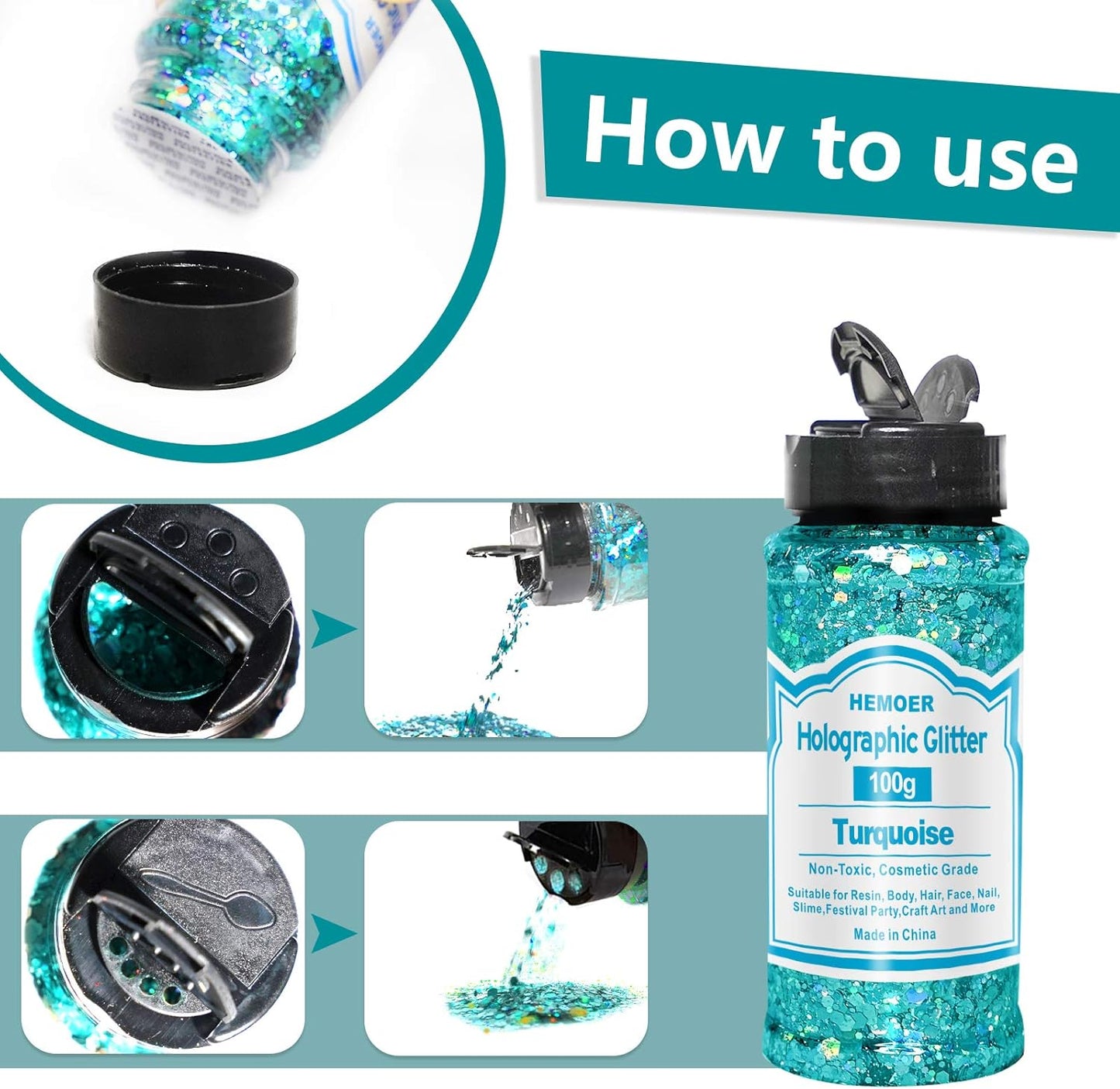 HEMOER Turquoise Glitter, 100g/3.5oz Holographic Chunky Glitter Mixed Hexagon Chunky & Fine Flakes Cosmetic Iridescent Sequins for Epoxy Crafts, Resin, Nail Body, Tumblers, Party Decoration