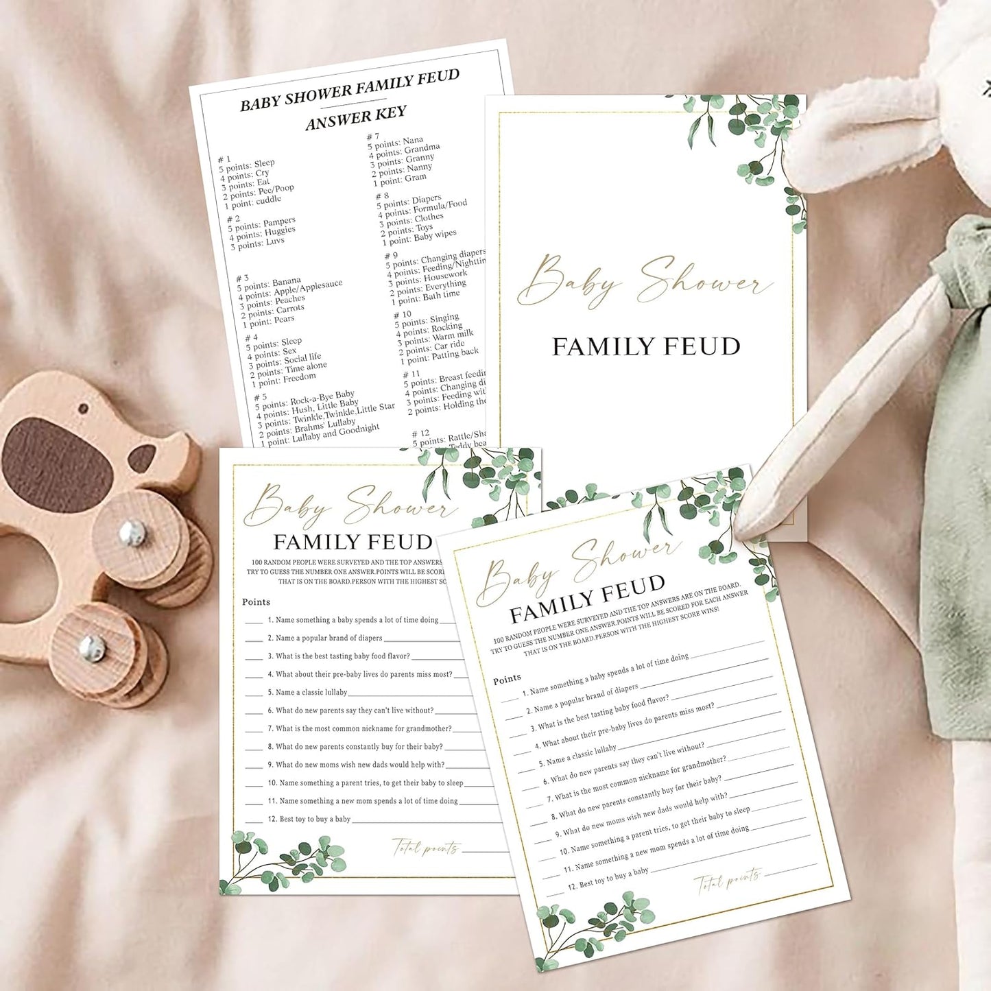 Baby Shower Family Feud Game - Pack of 30 Game Cards 1 Answer Key, Greenery Baby Shower Game for Boy & Girl, Baby Shower Decorations, Baby Feud Game Supplies-04