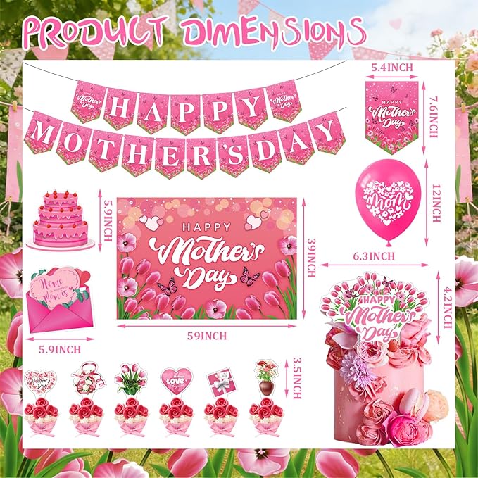 Happy Mother’s Day Party Decorations, Mom Pink Party Supplies Kit with Backdrop, Banner, Cake Topper, Cupcake Picks, Balloons & Hanging Swirls for Mother’s Day Celebration