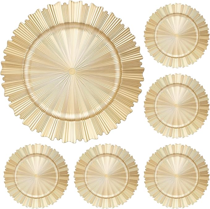 6 Pcs Gold Charger Plates,13 Inch Elegant Fluted Edge Plastic Charger Plates Reusable Table Chargers for Dinner Birthday Wedding Party Bridal Showers Tableware Dishes Luxury Decor