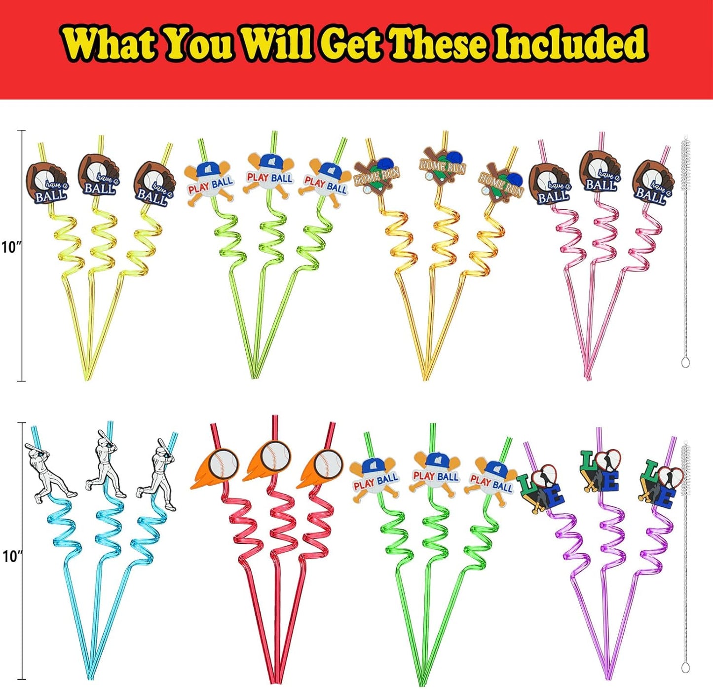 24pcs Baseball Party Themed twisty Reusable Plastic Straws for Sport Baseball Party Favor Gift Bags,Daily Drinking Straws,Birthday Parties,Class Reunions,With 2 Cleaning Brushes.（8color）