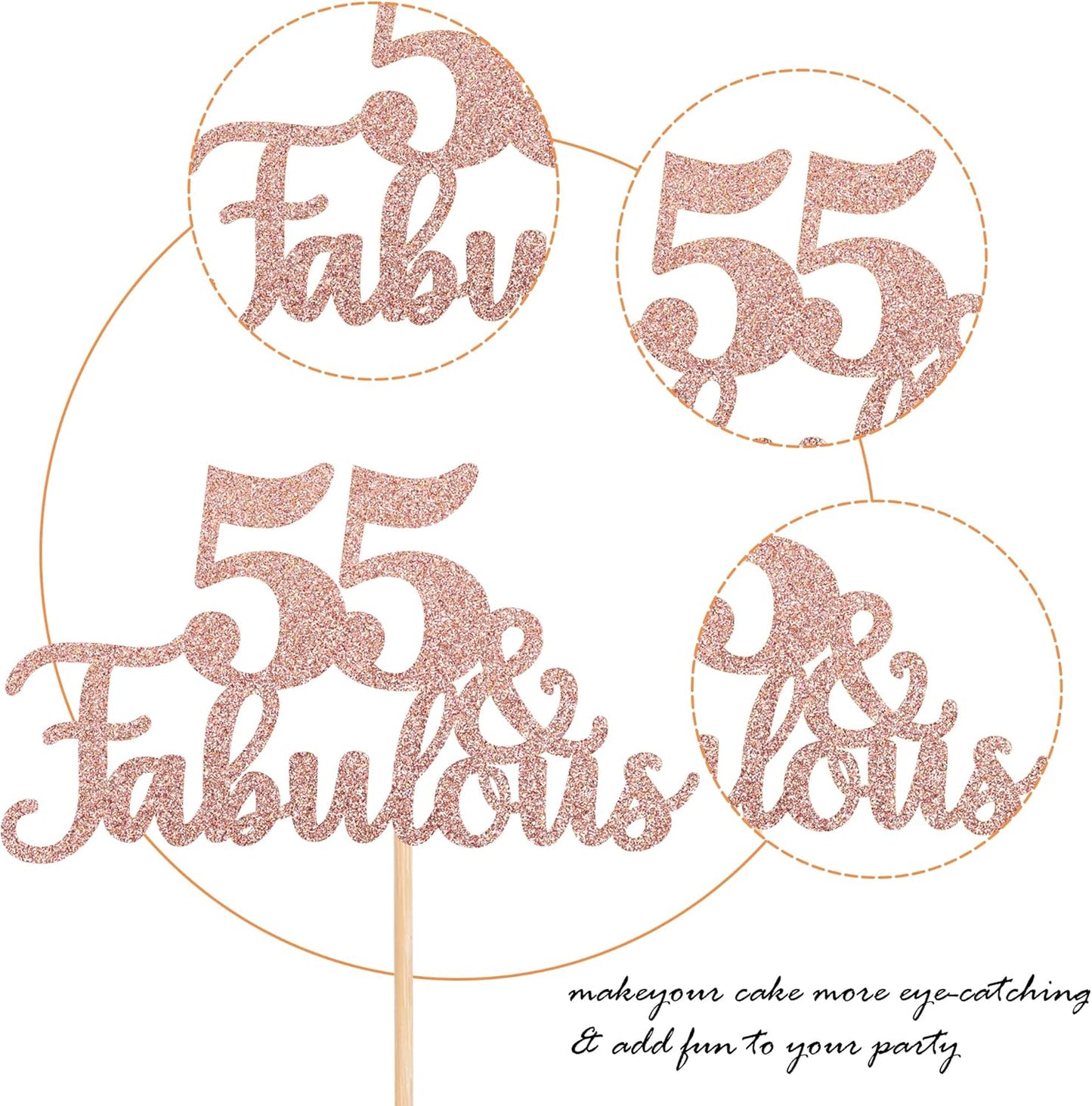 1 PCS 55 & Fabulous Cake Topper Glitter Fifty Five and Fabulous Cake Toppers Happy 55th Birthday Cake Pick for 55th Wedding Anniversary Birthday Party Cake Decorations Supplies Rose Gold