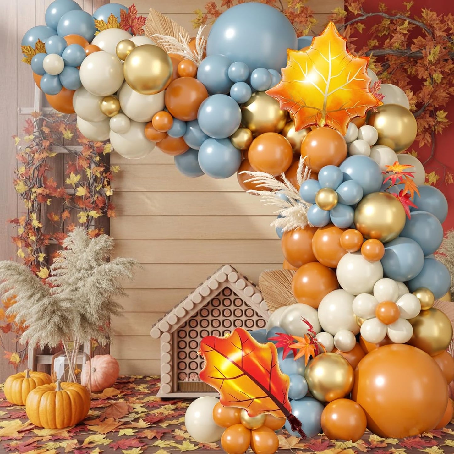 Fall Balloon Garland Arch Kit, Dusty Blue and Retro Orange Gold Confetti Balloons with Leaf Foil Balloons for Thanksgiving Party Autumn Fall Birthday Baby Shower Party Decorations
