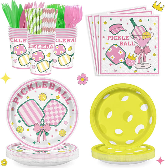 168PCS Pickleball Party Supplies for Girls Player Themed Sports Birthday Party Decorations Pink Coquette Preppy Pickleball Party Plates Napkins Tableware Set for Baby Shower Serve 24 Guests