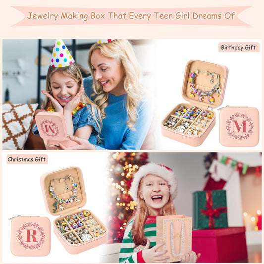 SUREHOME Charm Bracelet Making Kit, Art and Crafts for Girls 8-12 Kids Jewelry Making Kit Tween Trendy Stuff for Ages 6-8 7 9 10 11 12 Years Old Girls Birthday Christmas Gifts Initial Jewelry Box - B
