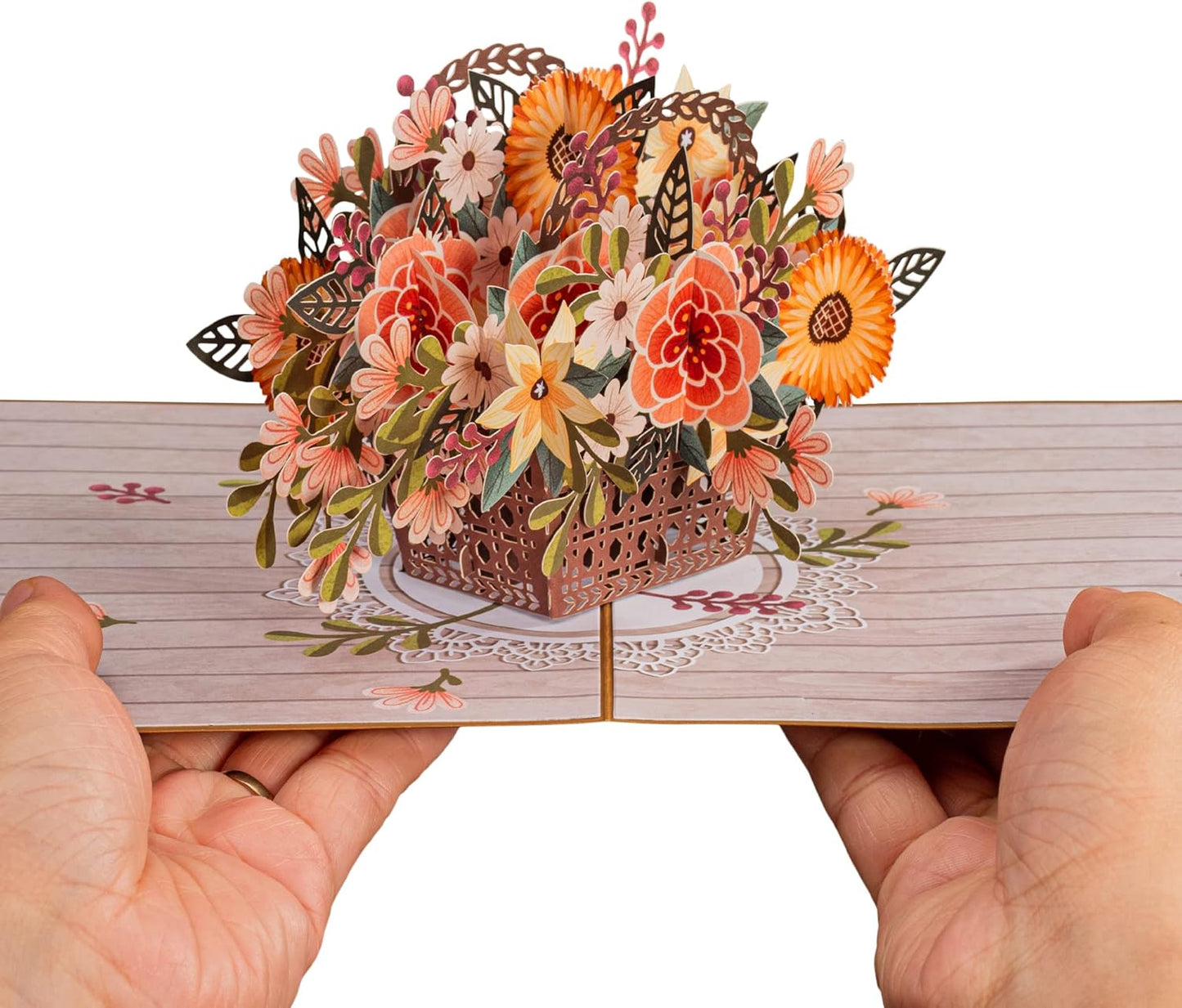 Paper Love 3D Rustic Flower Basket Pop Up Card, For Fall, Birthday, Thanksgiving, Thinking of You, Sympathy, Get Well, All Occasion or Just Because - 5" x 7" Cover - Includes Envelope and Removable Note Tag