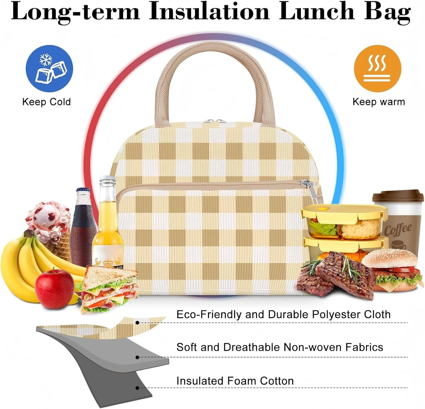 Coobiiya Lunch Bag for Women Men, Cute Corduroy Lunch Tote Bags Insulated Reusable LunchBox Large Capacity Cooler Bag for Work Travel Picnic
