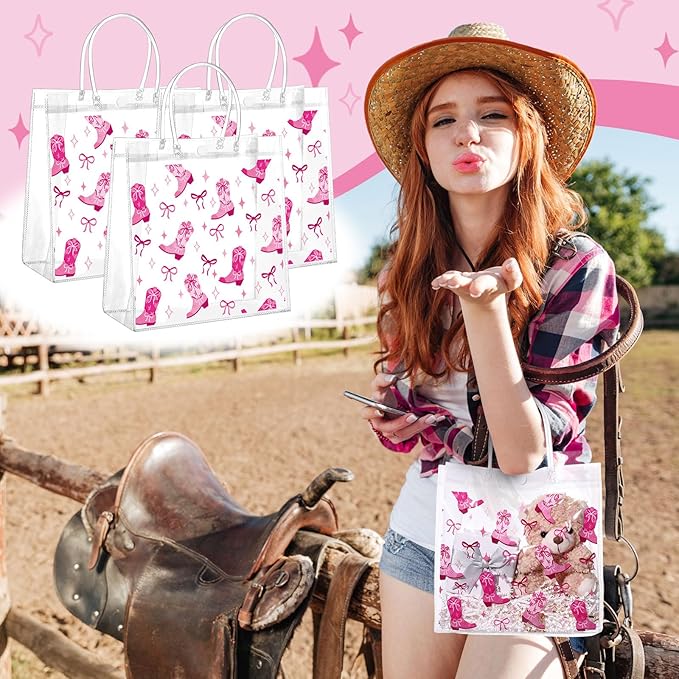 Kacctyen 24 Pcs Cowgirl Gift Bags for Party Favor Clear Cowgirl Goodie Bags with Handle 7.87 x 7.87 x 3.15 Return Gift Wrap Totes for Guests Treat Candy Wrapping