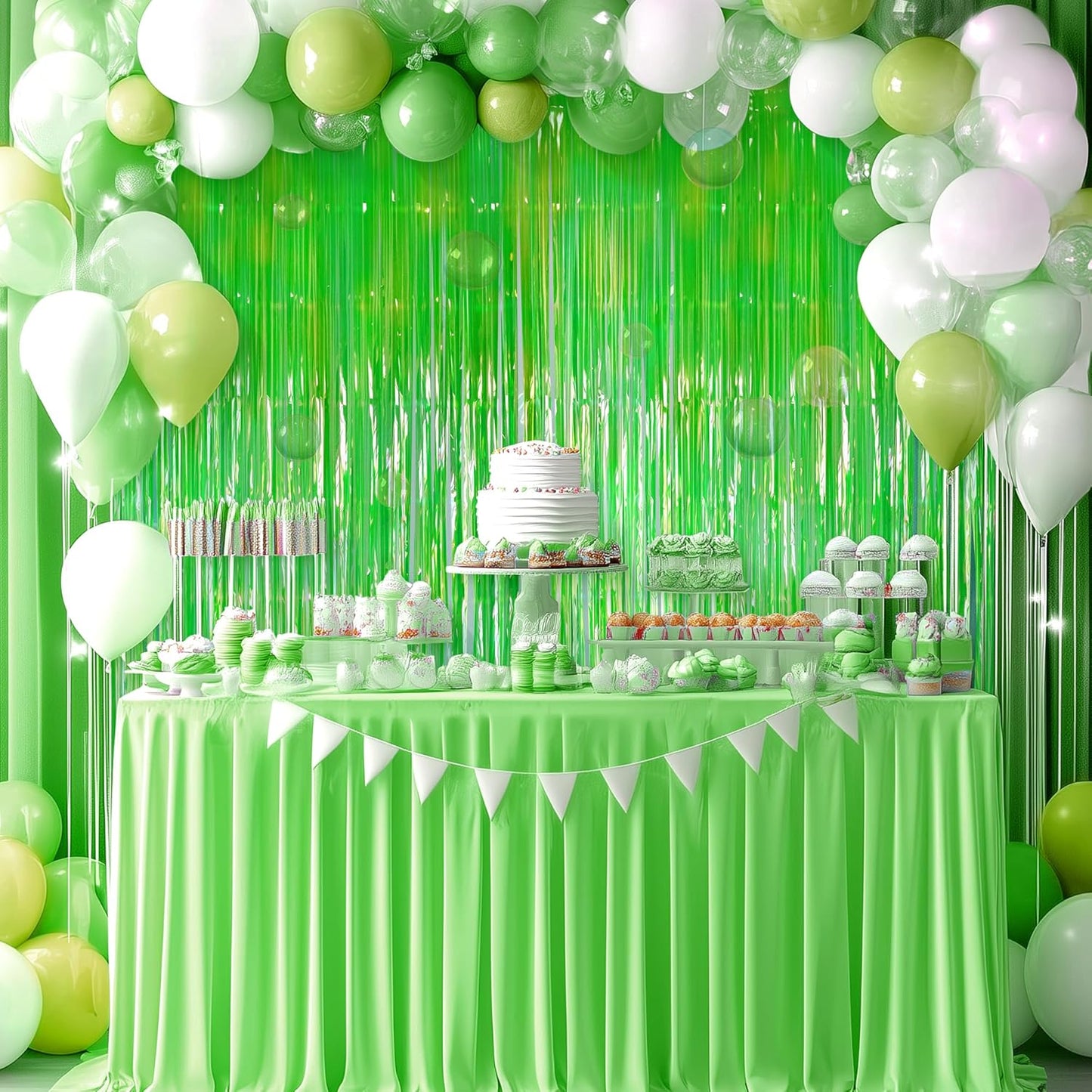 4 Pack Pink & Green Party Streamers Backdrop Curtains, 3.3x8.2ft Holographic Tinsel Foil Curtain Photo Booth Props for Birthday, Wedding, Holiday Celebration, Bachelorette, Theme Decorations