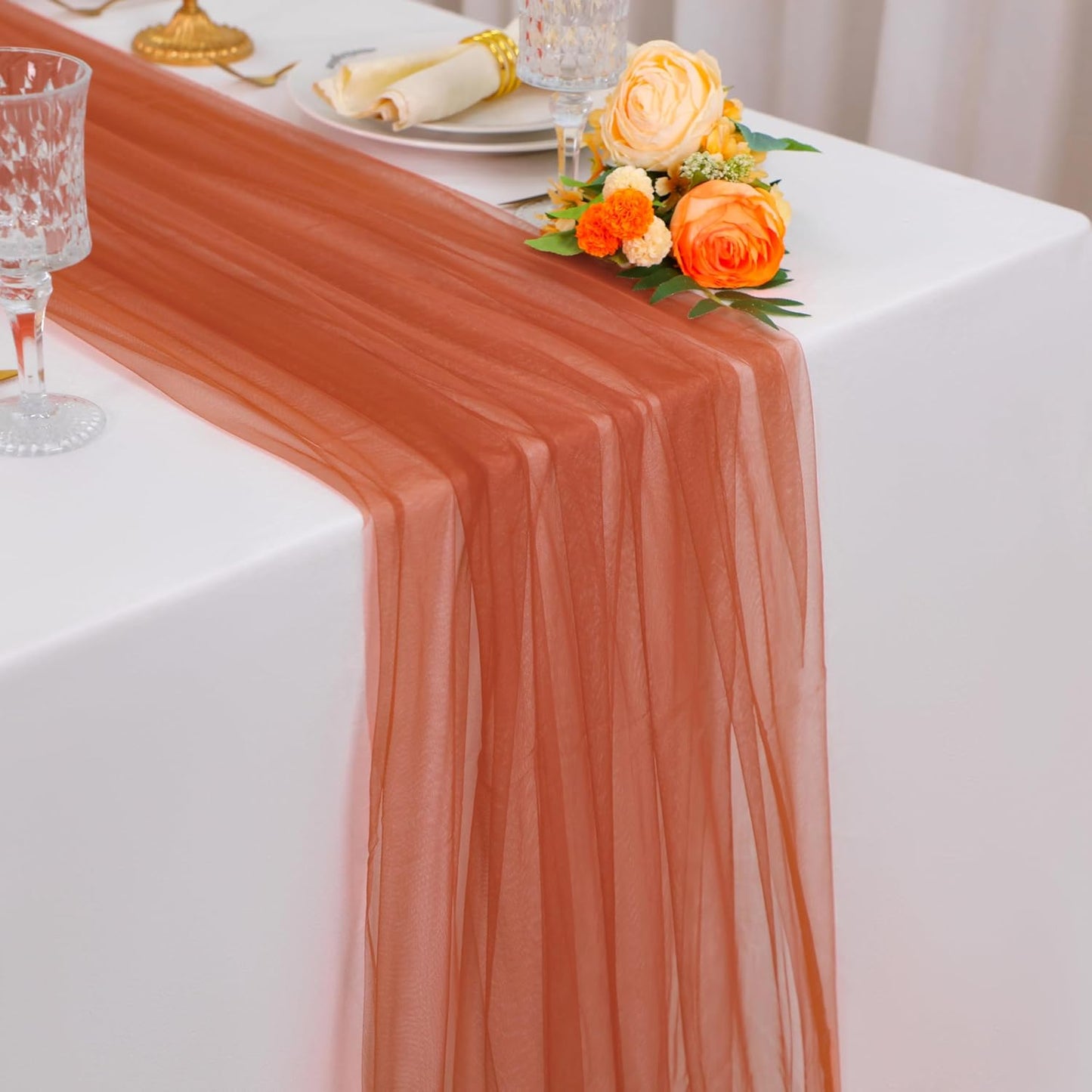 Snowkingdom Terracotta Table Runner, 10 FT Sheer Tulle Rust Cheesecloth Gauze Runner 120 Inch, Boho Fall Table Centerpieces Decoration for Thanksgiving Wedding Baby Bridal Shower Party