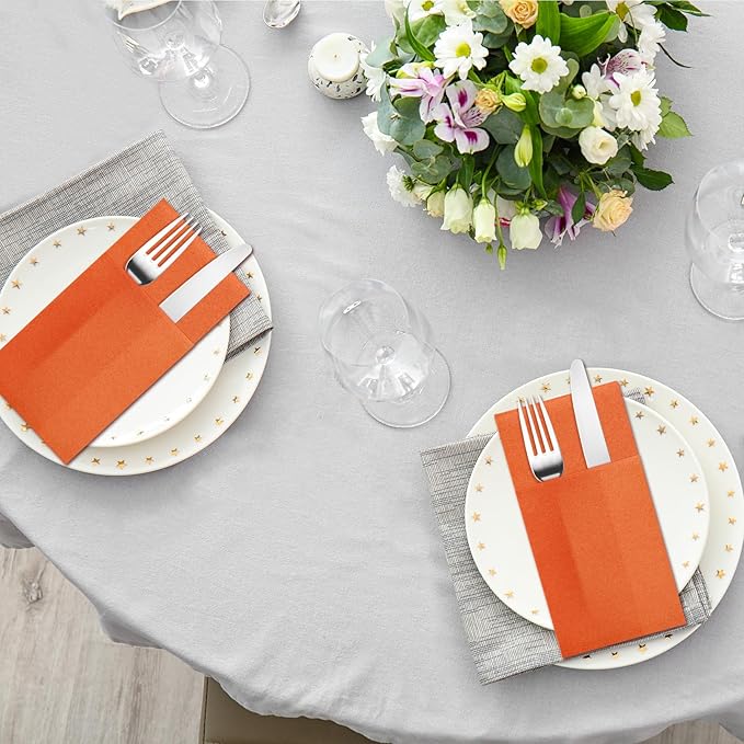 Orange Napkins Hand Towels Disposable, Linen-Feel Dinner Napkins with Prefolded Built-in Flatware Pocket, Guest Paper Hand Towels for Wedding, Thanksgiving Or Party (16x16in, 50Pack）