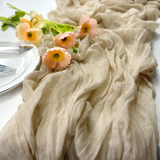 Booque Valley 3 Pack Beige Cheesecloth Table Runner 10ft Super Soft Boho Wrinkled Gauze Sheer Cloth for Baby Shower Baptism Birthday Party Wedding Centerpiece Table Decoration, 35x120 Inch