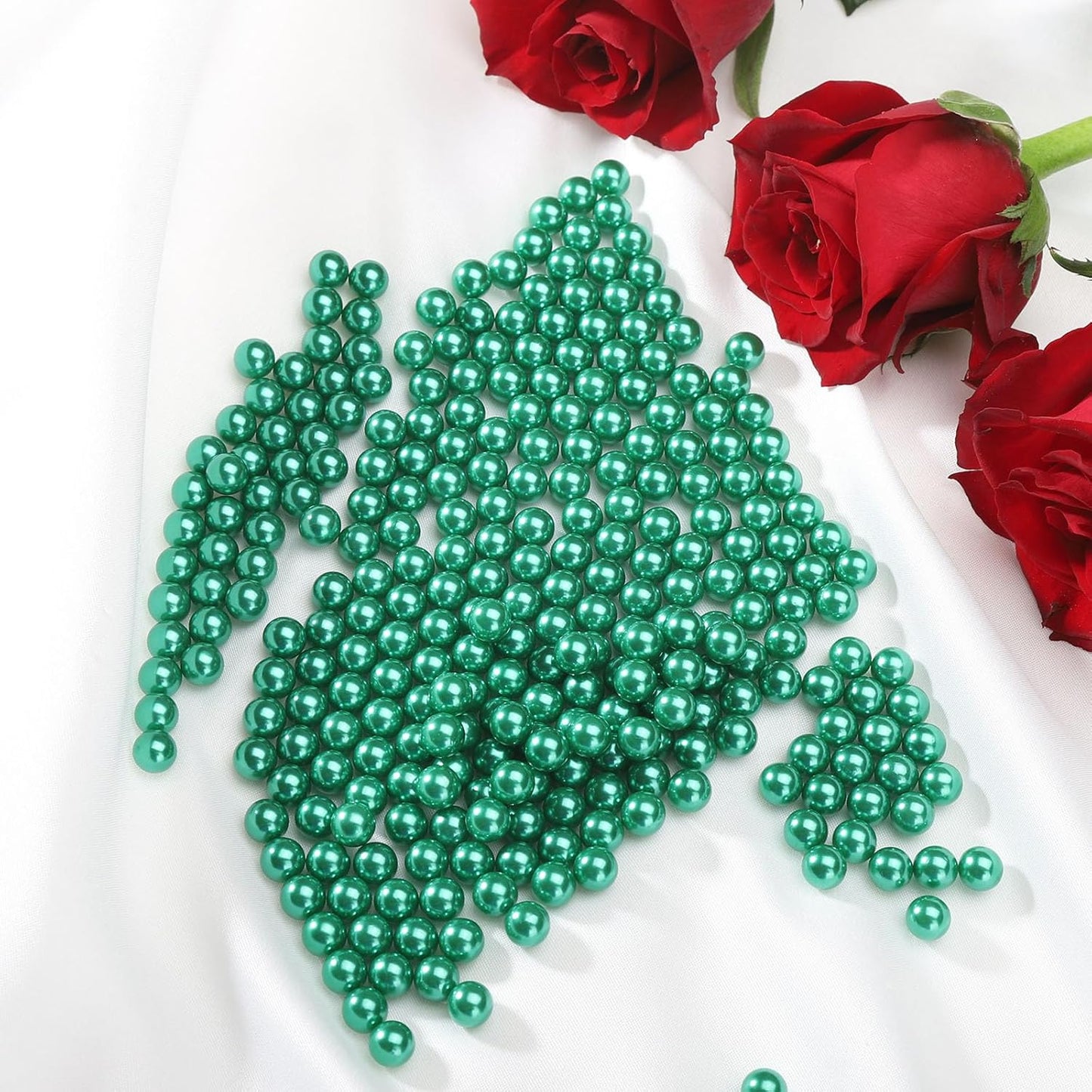 980pcs Undrilled Holeless ABS Faux Pearl Beads for Vase fillers, No Hole Round Pearls for Cosmetic Boxes, DIY Parts, Table Scatter, Wedding, Birthday Party Home Decorating (Dark Green, 8mm)