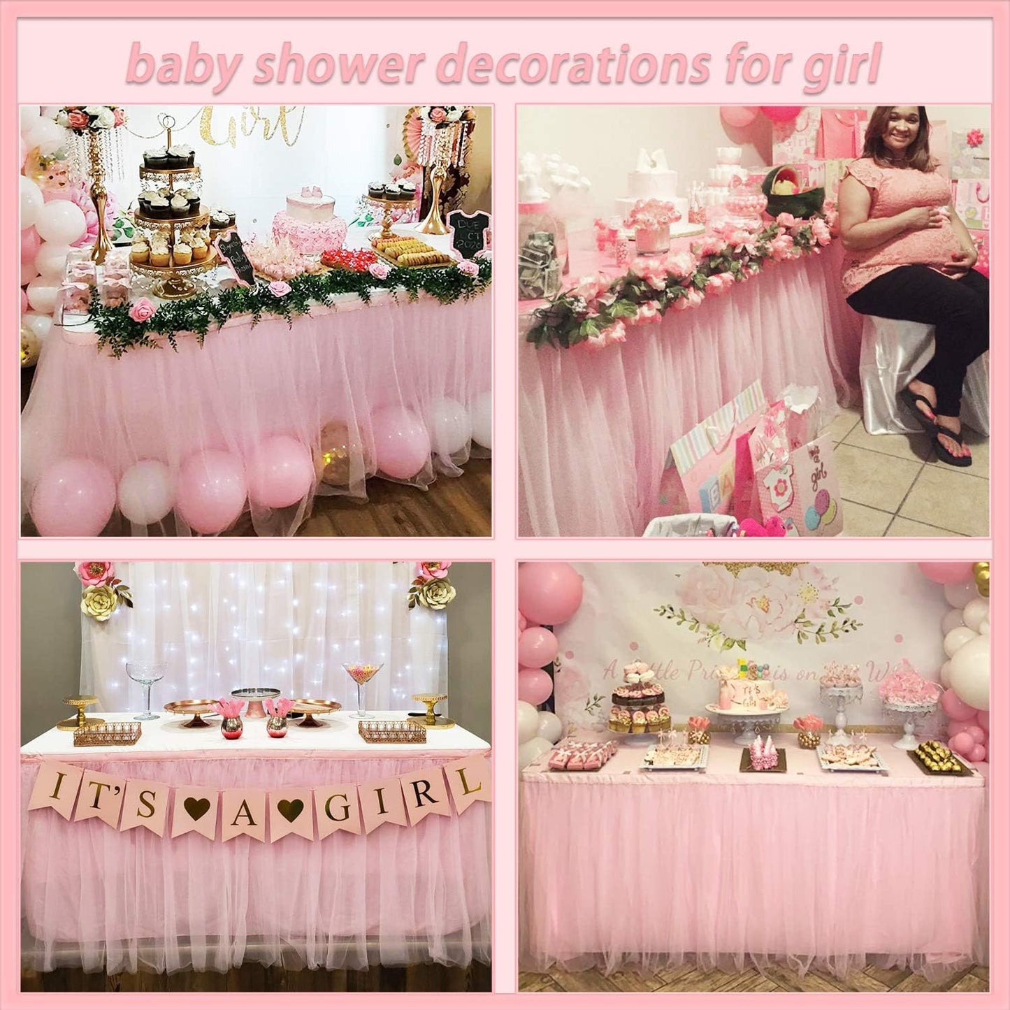 Suppromo 14ft Pink Table Skirt Tulle Tutu Tablecloth for Rectangle or Round Table For Birthday Party Baby Shower Wedding Decorations (L14(ft) H 30in, Pink)