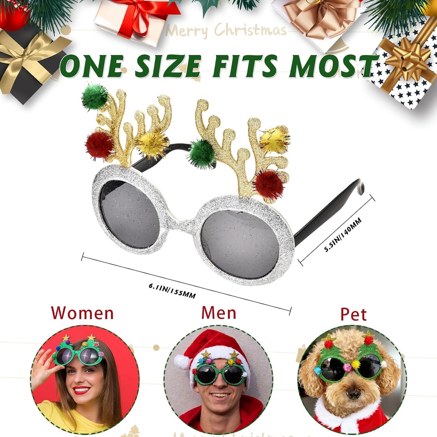 Pibupibu 8 Pack Merry Christmas Party Favors Funny Eyeglasses Set, Christmas Tree, Garland, Santa Claus, Elk, Snowman Eyewear