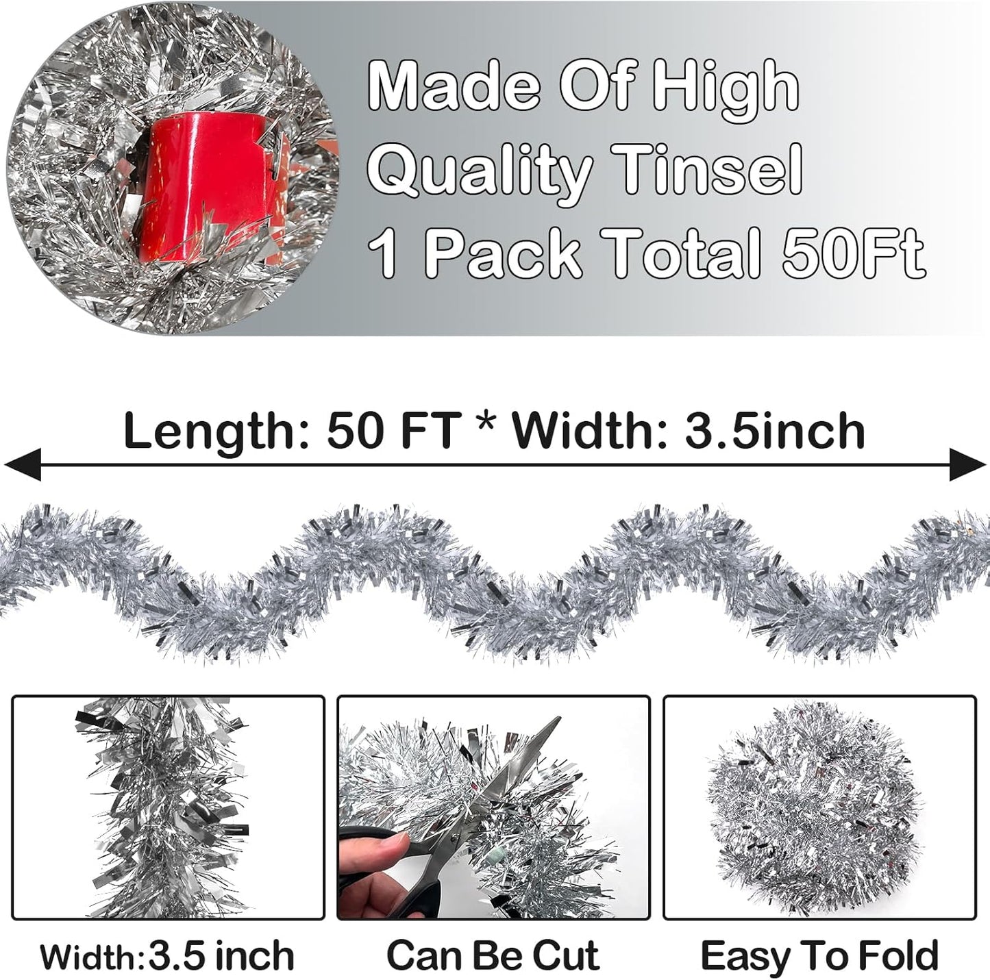 50FT Silver Christmas Tinsel Garland - Metallic Tinsel Garland for Christmas Tree Decoration, Xmas Tree Decor Home Indoor Outdoor Party Supplies