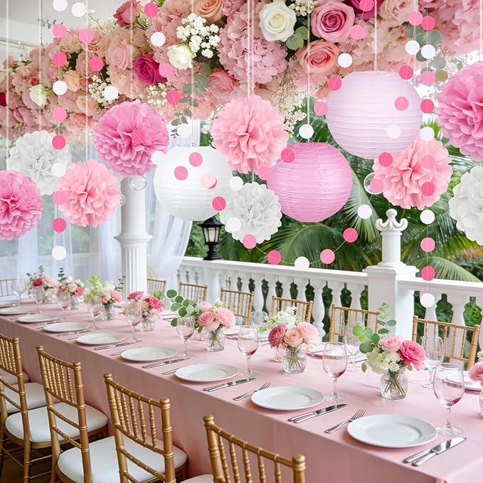 14 Pcs Pink Party Decorations Kit - Tissue Pom Poms, Lanterns & Polka Dot Garland for Girls Birthday, Baby Shower, Bachelorette, Princess Theme, Bridal Shower, Valentine's & Mother's Day