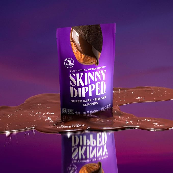 SkinnyDipped Super Dark Chocolate + Sea Salt Almonds, Vegan, Healthy Snack, Plant Protein, Gluten Free, 3.5 oz Resealable Bags, Pack of 1
