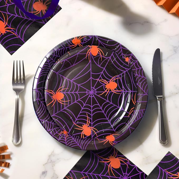 75pcs Spider Party Supplies - Disposable Spider Web Paper Plates & Napkins (25pcs 9" & 7" Plates, 25pcs Napkins) for Birthdays, Halloween, Birthday, and Parties Decoration