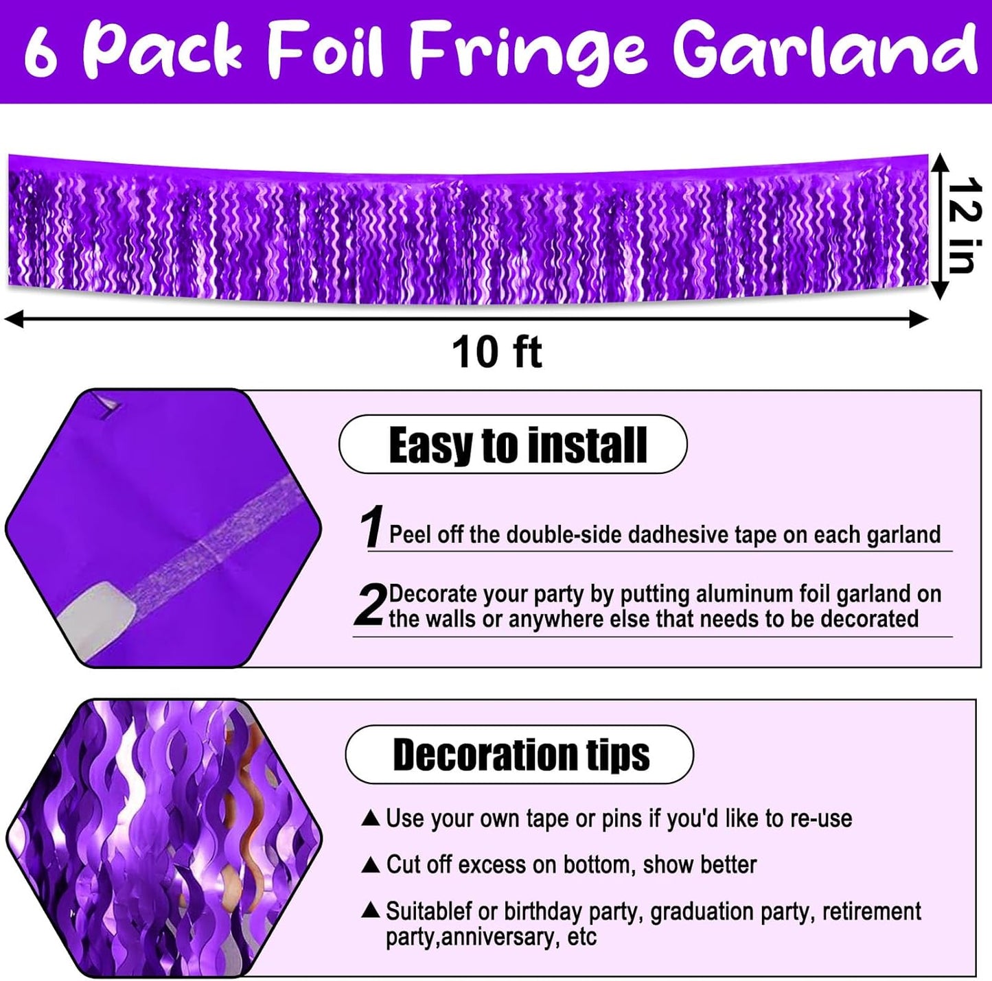 6 Pack 10 Feet Purple Wave Foil Fringe Garland Metallic Tinsel Streamers Banner Wall Hanging Curtain Backdrop for Parade Floats, Mother's Day, Easter, Wedding, Birthday Party Decoration