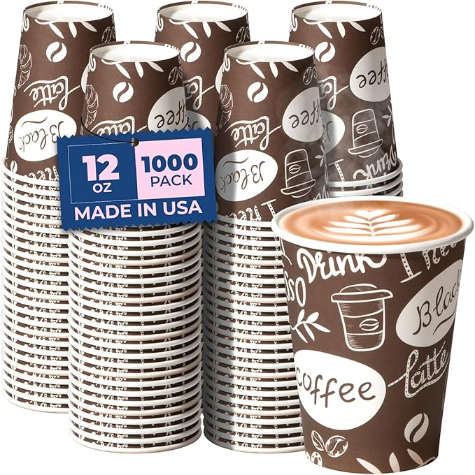 Fit Meal Prep 12 oz Coffee Cups 1000 Count, Leak-Proof Hot Cup, Disposable Paper Coffee Cup Bulk for Hot/Cold Beverage, Durable Thickened Paper Cups for Party, Office, Bussines, Home, Bistros