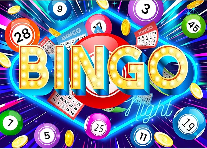 Homewelle Bingo Night Backdrop 7Wx5H Feet Polyester Fabric Snooker Game Time Cards Coins Contest Gaming Winning Ball Decoration for Adults Men Modern Cool Photography Background Photo Shoot Props