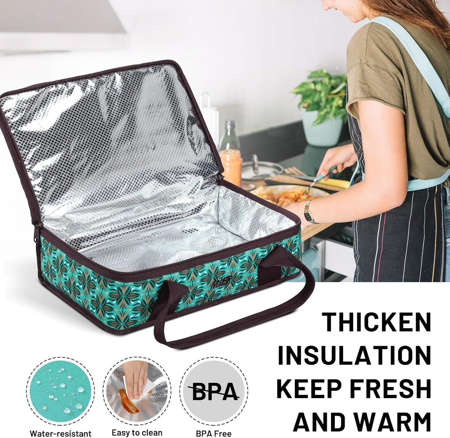 MIER Insulated Casserole Carrier for Hot or Cold Food Thermal Food Carrier Bag for Lasagna Potluck Parties Picnic Cookouts, Fits 9"x13" Baking Dish/Foil Pan, Teal