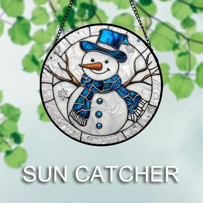 Stained Glass Window Hanging Christmas Snowman Blue White 7.8" - Suncatcher Door Garden Sun Catcher Home Decor Birthday Mother's Day Xmas Gift for Mom Men Woman Her Nana Parents Girl