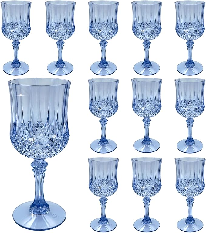 Plastic Wine Glasses, Plastic Goblets Vintage Style Cordial Unbreakable Drinking Glasses,Reusable Drinkware for Wedding Reception, Grand Event Party Supplies, Easte (12, Blue)